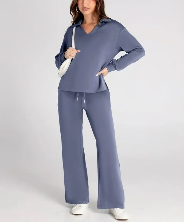 Loungewear Set | V Neck Top with Wide Leg Trousers