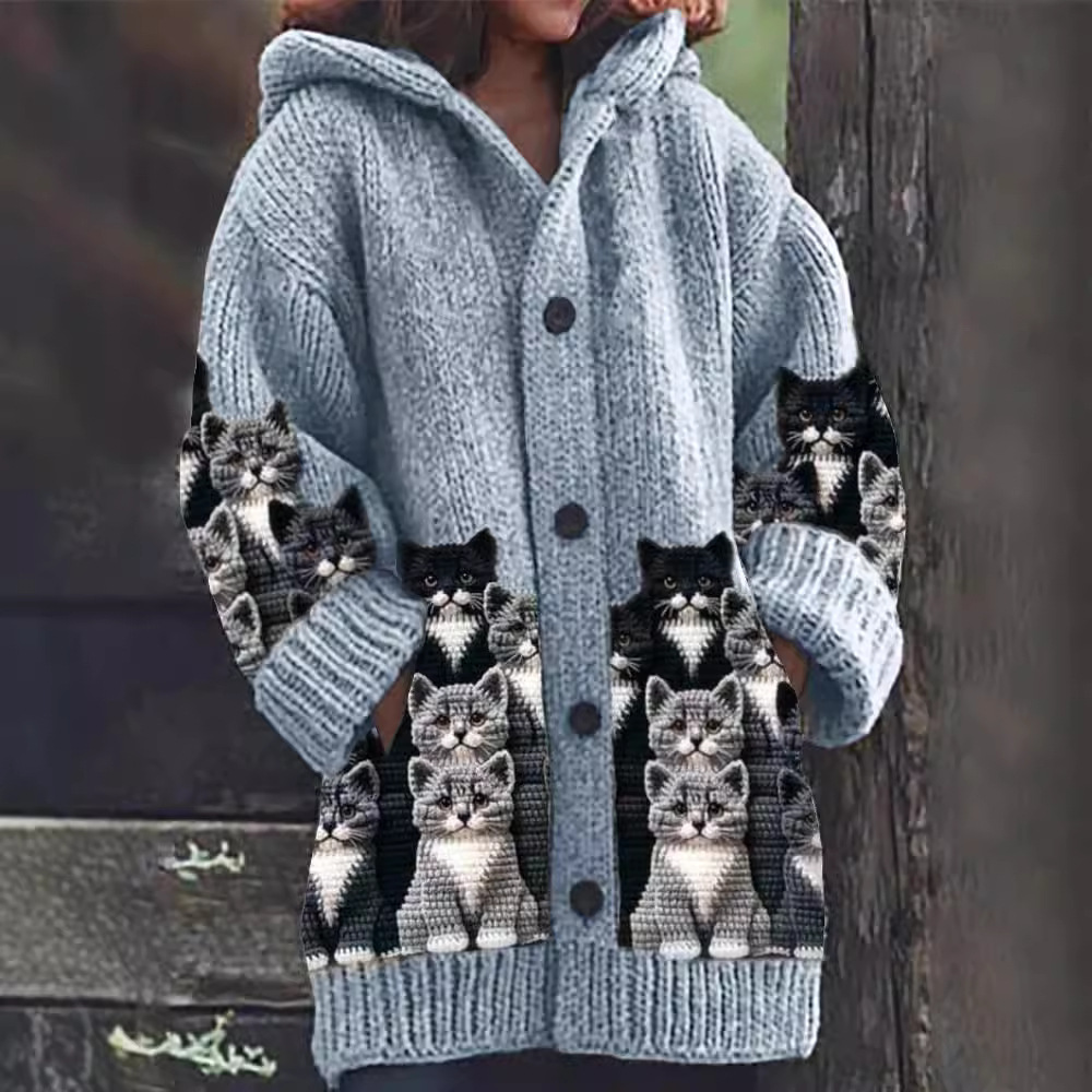 Long Hooded Cardigan | Cat Print Design
