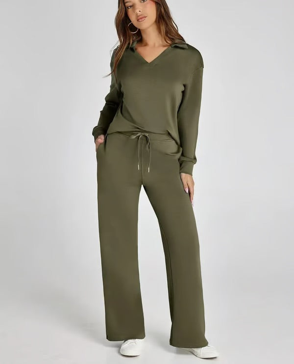 Loungewear Set | V Neck Top with Wide Leg Trousers