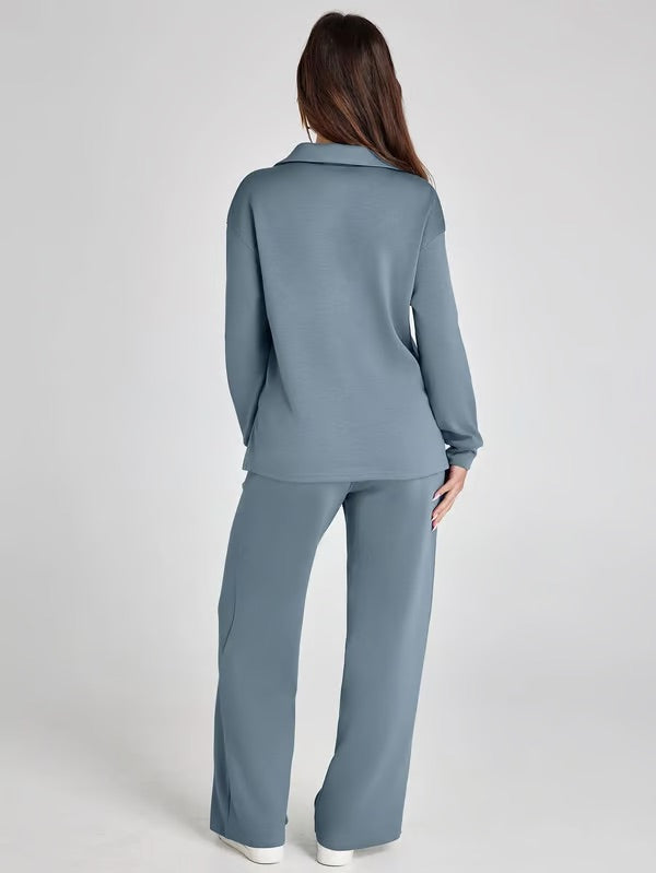 Loungewear Set | V Neck Top with Wide Leg Trousers