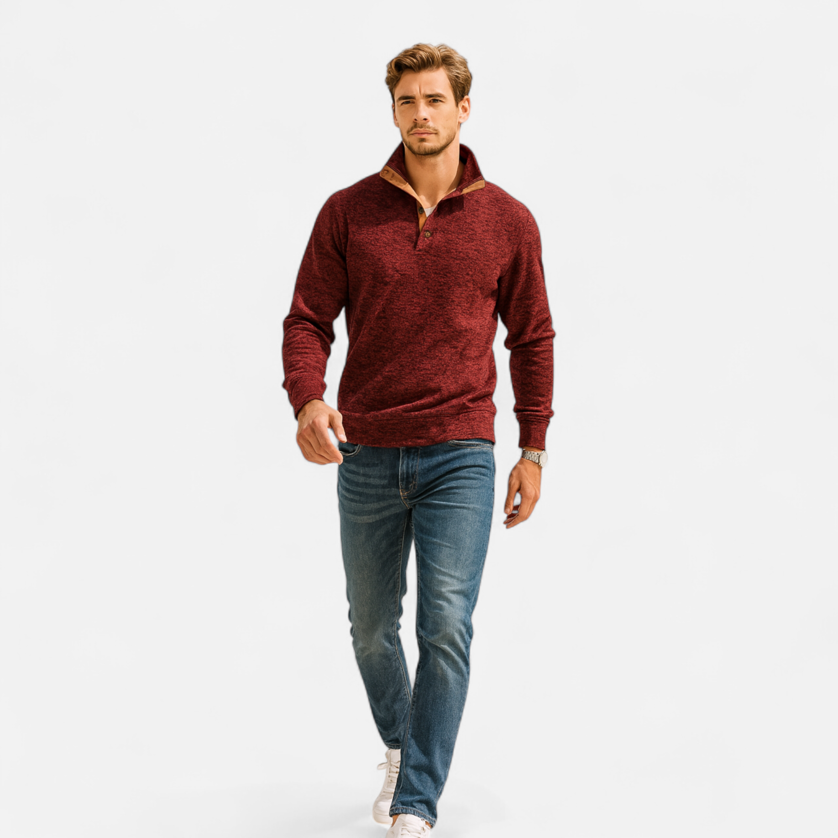 Men’s Knitted Jumper | Stand Collar Half Button Pullover With Elbow Patches