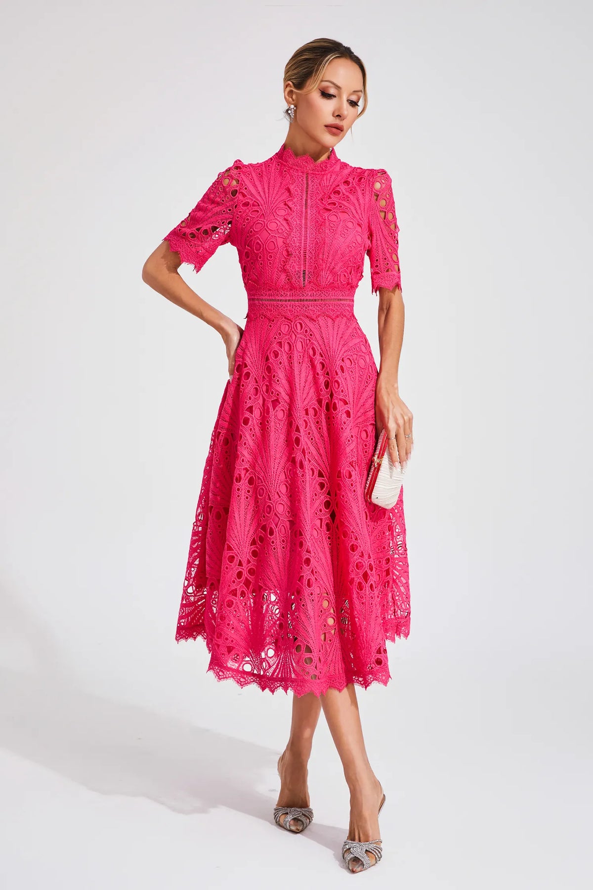 Women's Lace High Neck Midi Dress