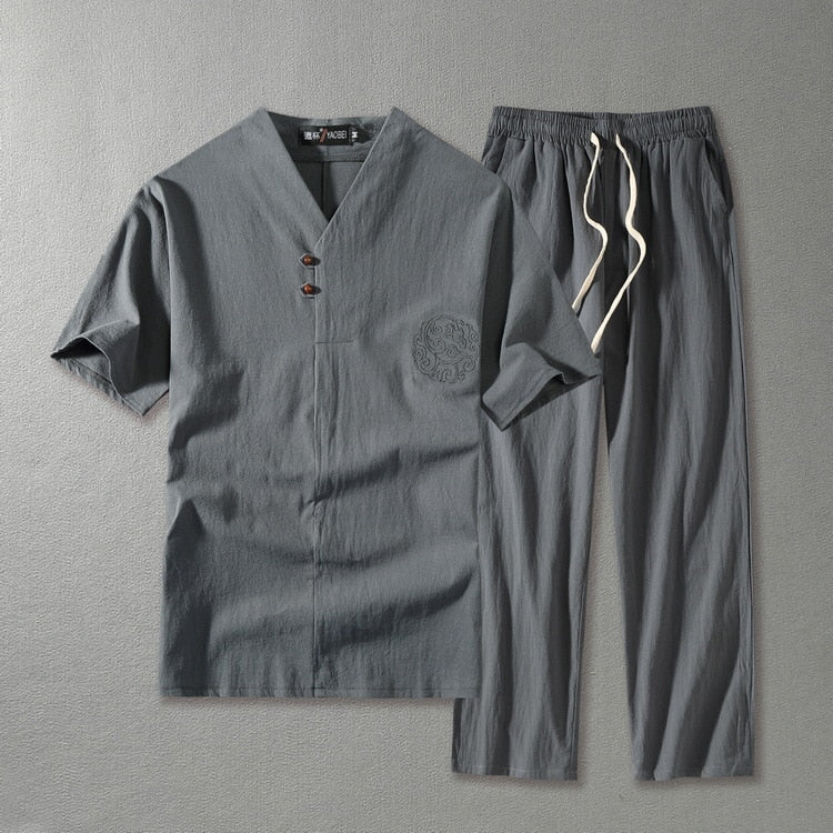 Linen Co-Ord Set Men's V Neck Trousers