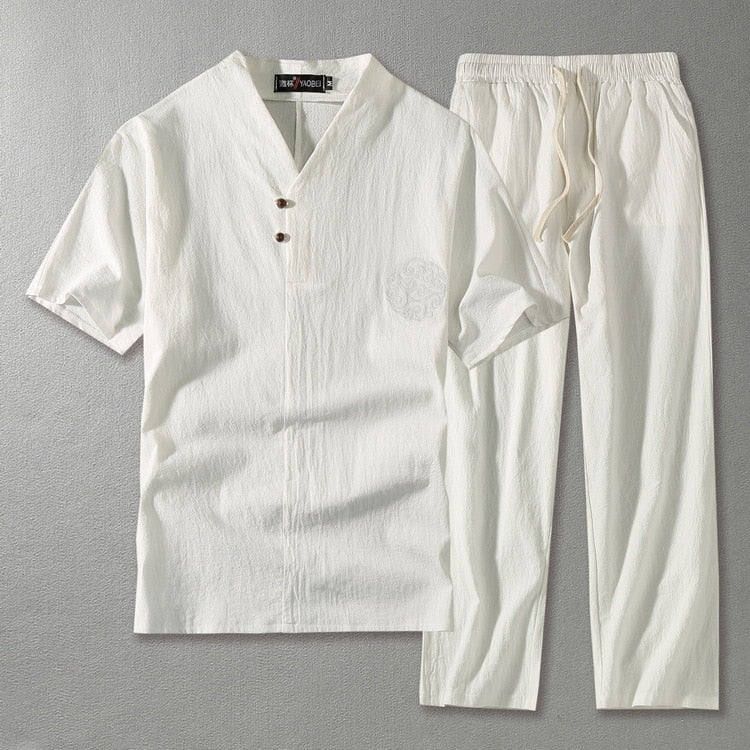 Linen Co-Ord Set Men's V Neck Trousers