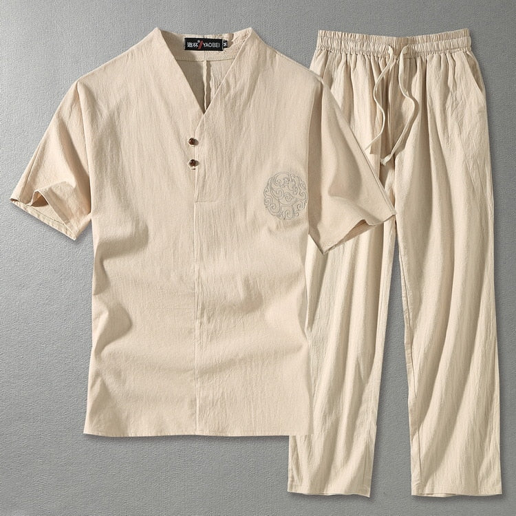 Linen Co-Ord Set Men's V Neck Trousers