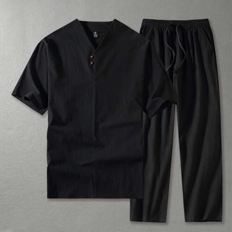 Linen Co-Ord Set Men's V Neck Trousers