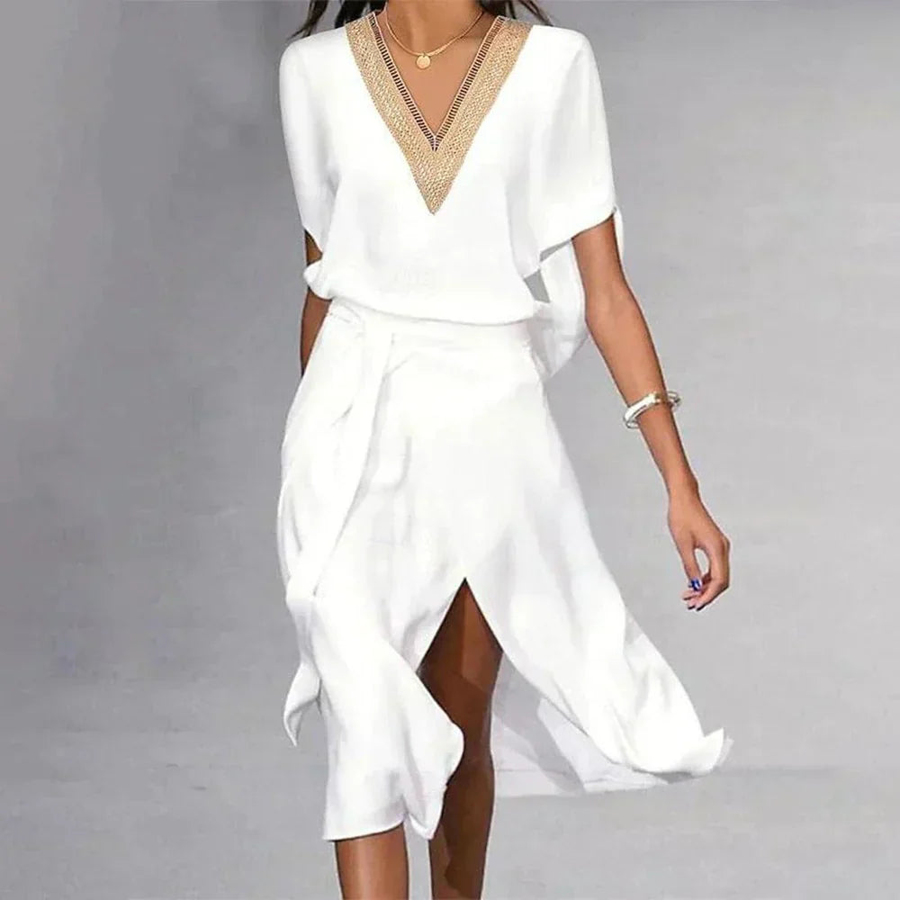 Women's V Neck Tie Waist Midi Dress