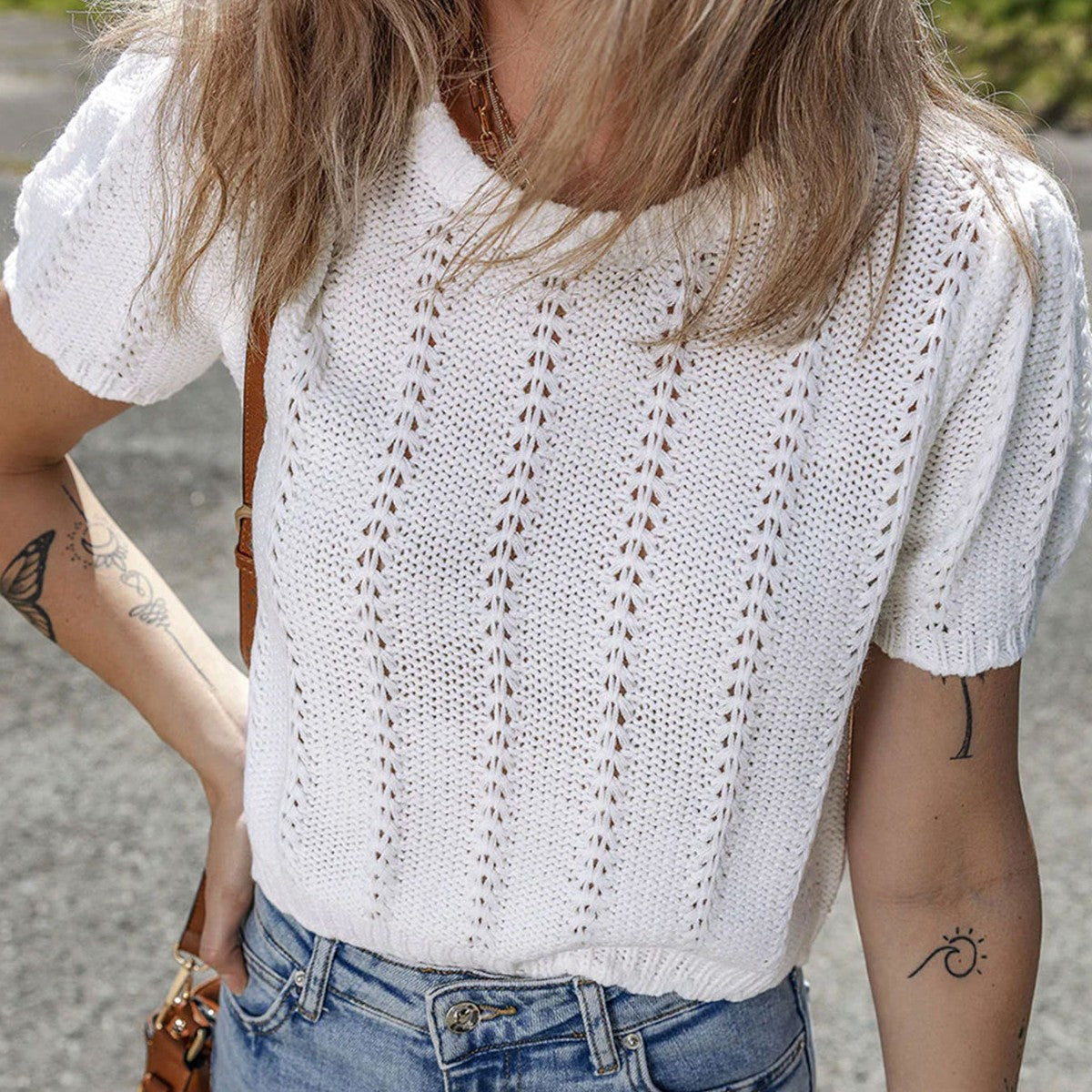 Short Sleeve Pointelle Knit Top