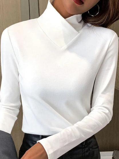 Long Sleeve Roll Neck Top | Slim Fit with Fold Collar
