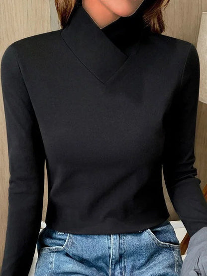 Long Sleeve Roll Neck Top | Slim Fit with Fold Collar