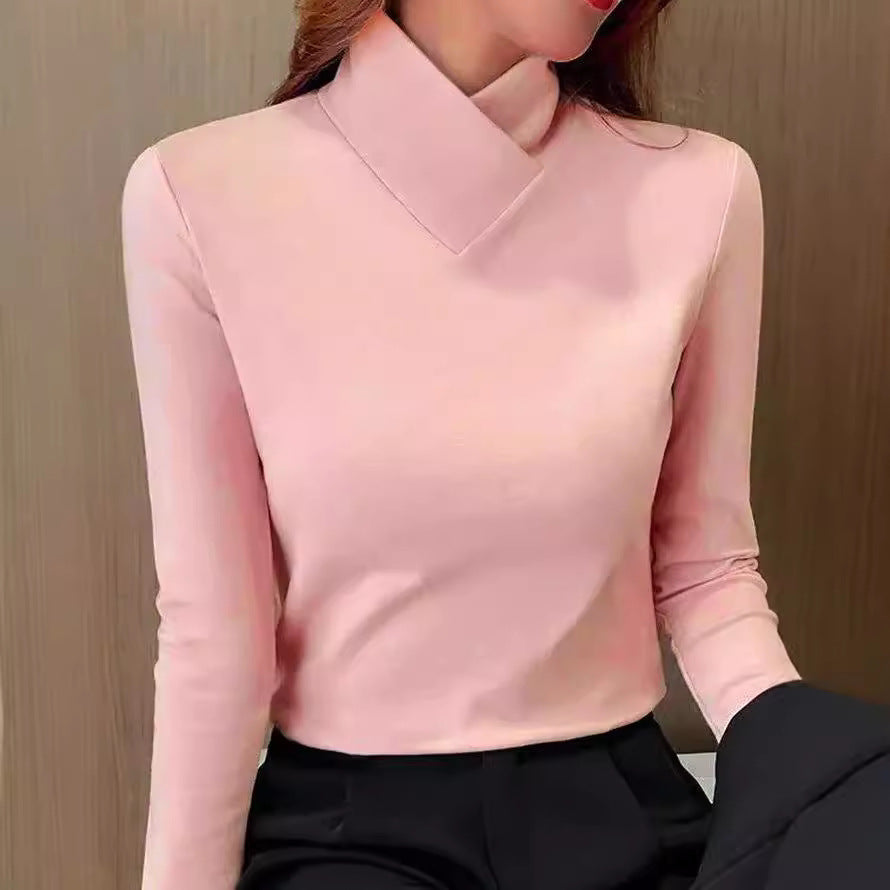 Long Sleeve Roll Neck Top | Slim Fit with Fold Collar