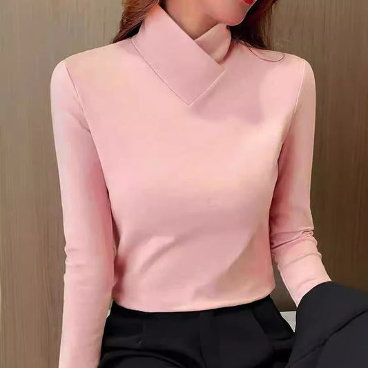 Long Sleeve Roll Neck Top | Slim Fit with Fold Collar