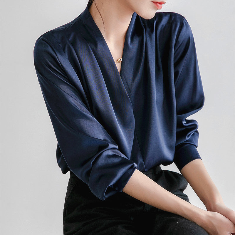 Blouse | Women's Satin V-Neck Long Sleeve