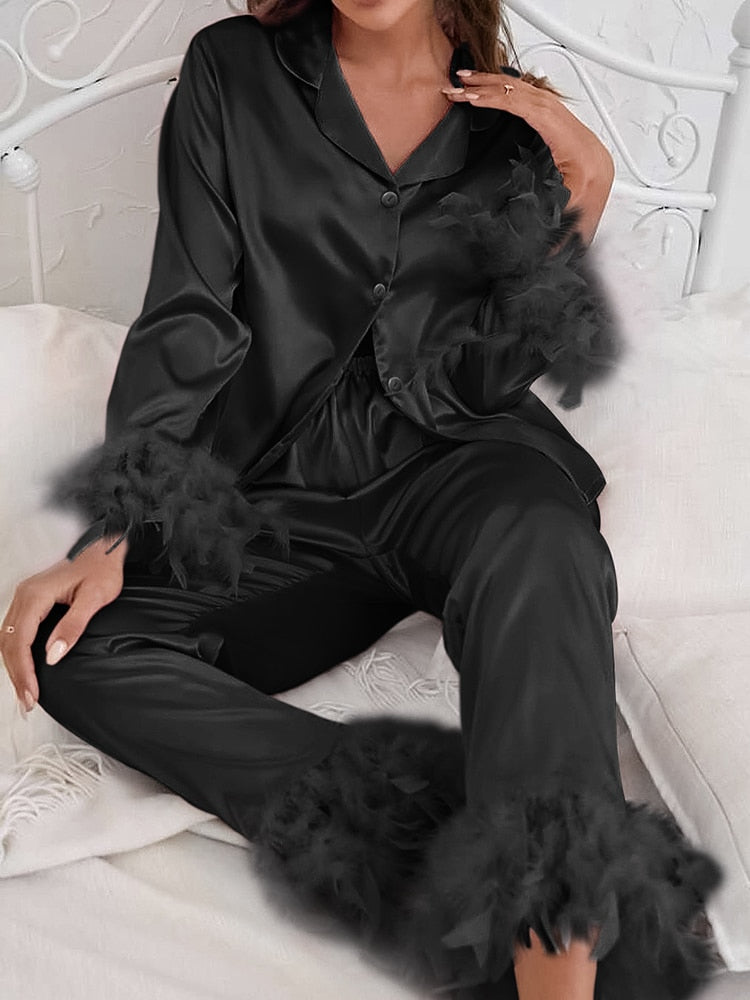Pajama Set | Feather Trim Top and Relaxed Fit Bottoms