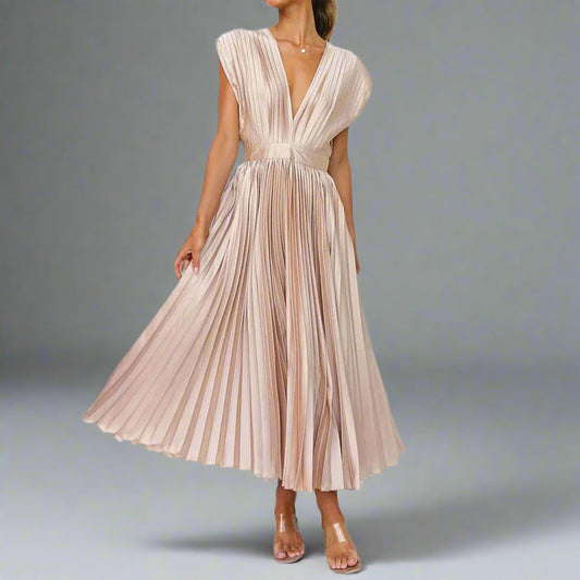Women's Pleated V Neck Midi Dress
