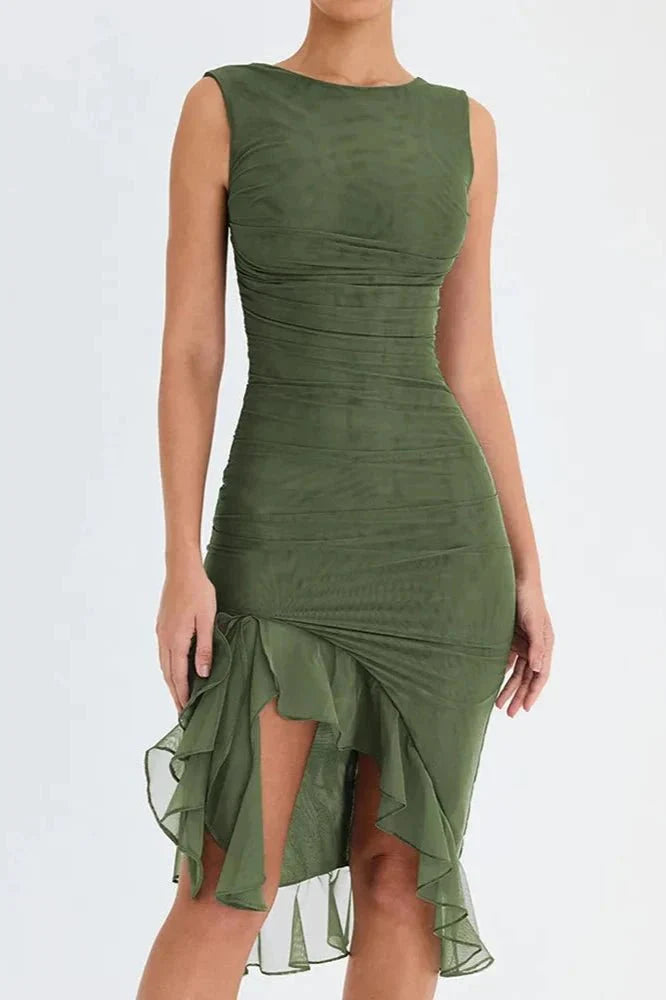 Midi Dress | Women's Ruched Asymmetric Hem