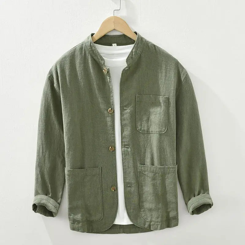 Linen Shirt | Grandad Collar Long Sleeve