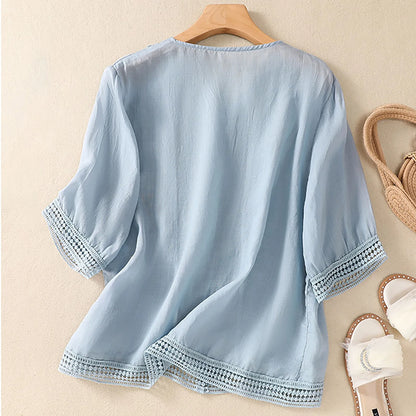 V-Neck Button-Up Lace Trim Blouse