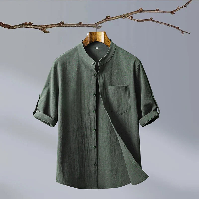 Mandarin Collar Shirt | Linen Short Sleeve