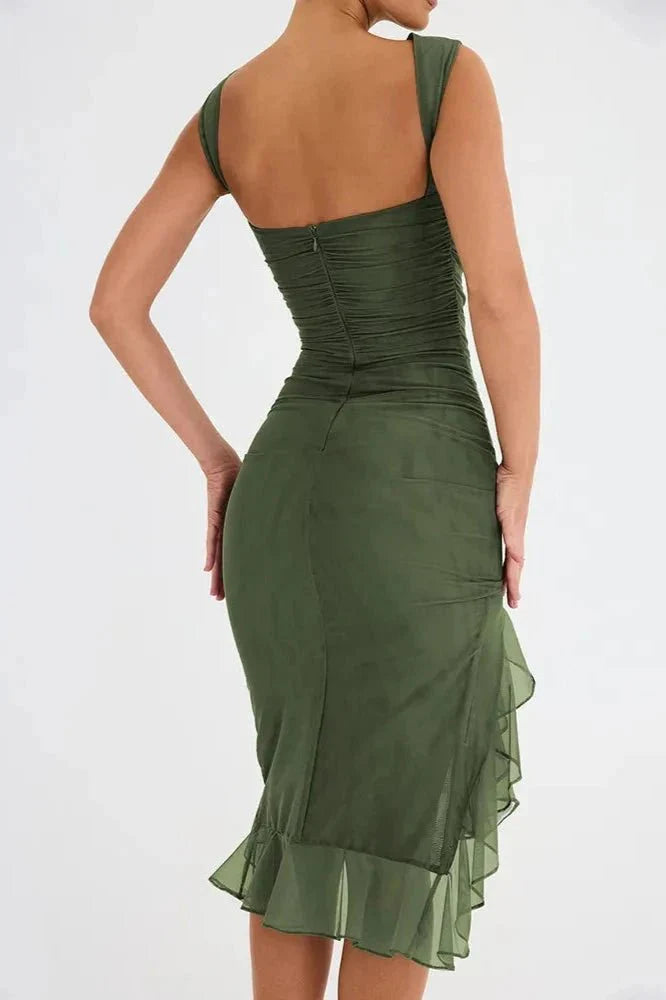 Midi Dress | Women's Ruched Asymmetric Hem