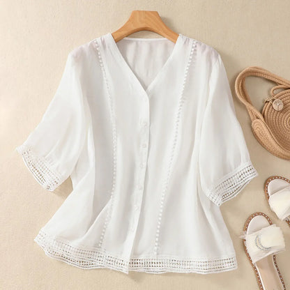 V-Neck Button-Up Lace Trim Blouse