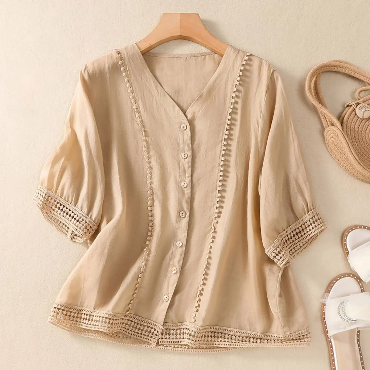 V-Neck Button-Up Lace Trim Blouse