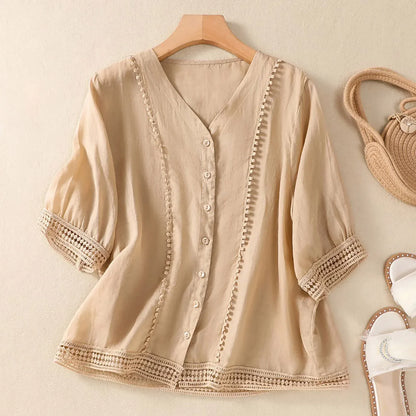 V-Neck Button-Up Lace Trim Blouse