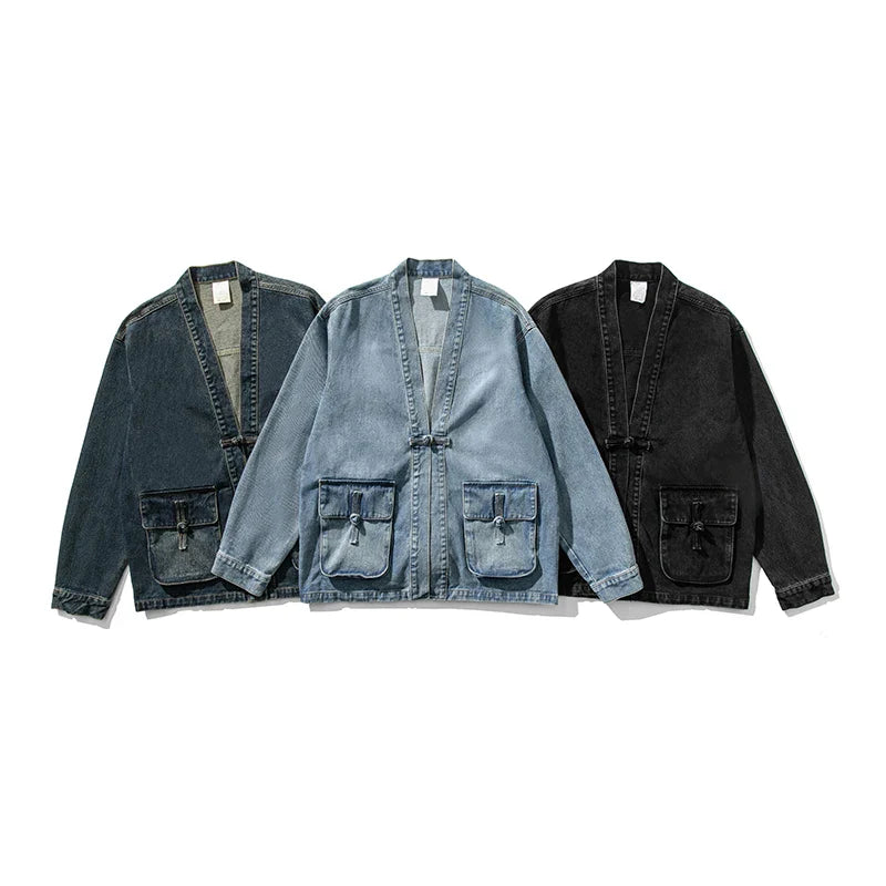 Vintage-Wash Denim Kimono Jacket