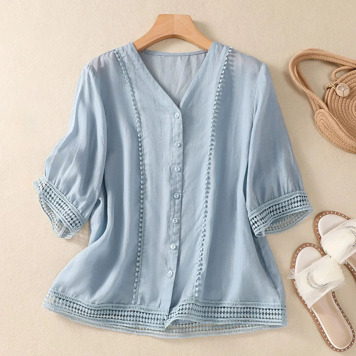 V-Neck Button-Up Lace Trim Blouse