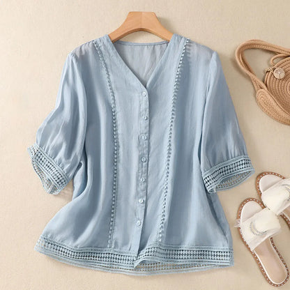 V-Neck Button-Up Lace Trim Blouse