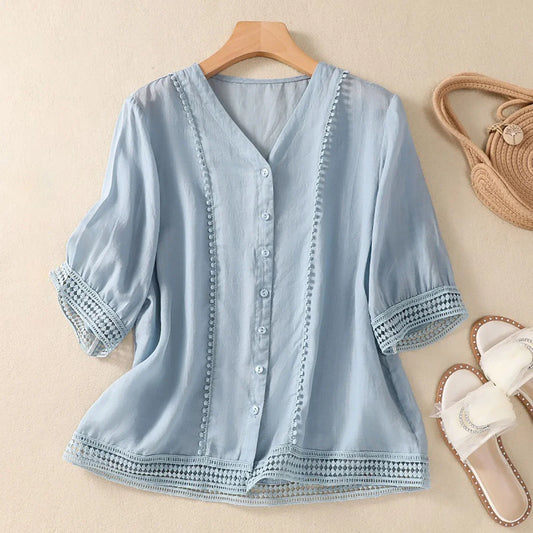V-Neck Button-Up Lace Trim Blouse