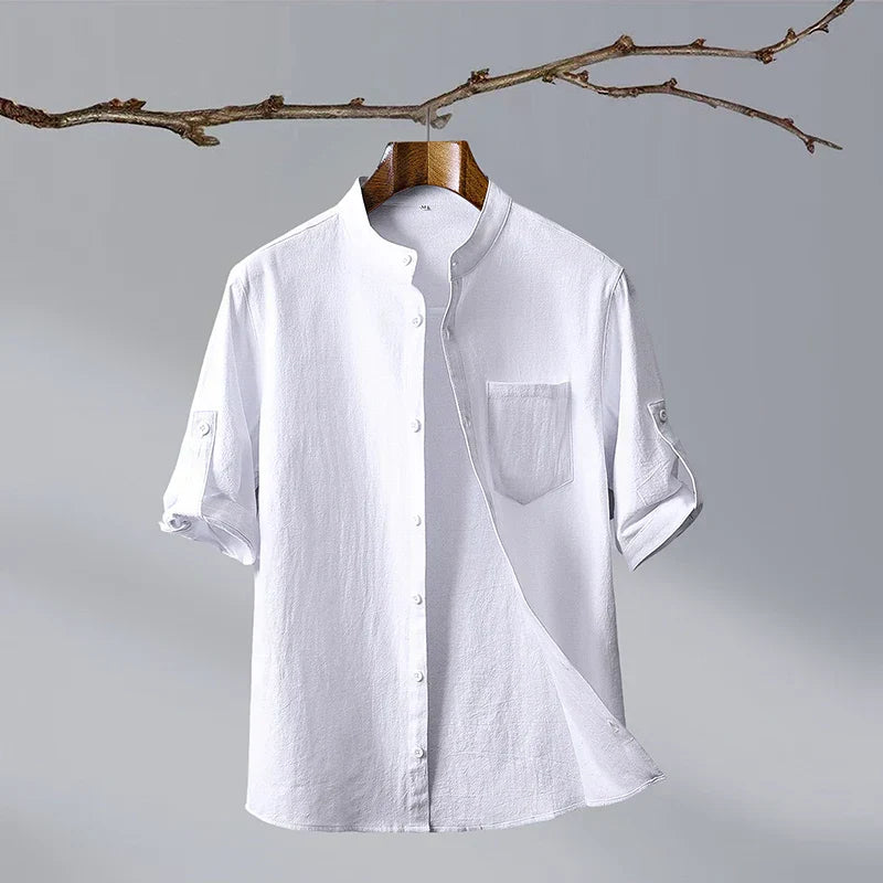 Mandarin Collar Shirt | Linen Short Sleeve