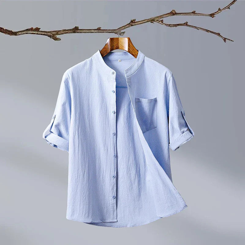 Mandarin Collar Shirt | Linen Short Sleeve