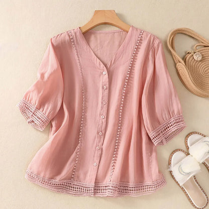 V-Neck Button-Up Lace Trim Blouse