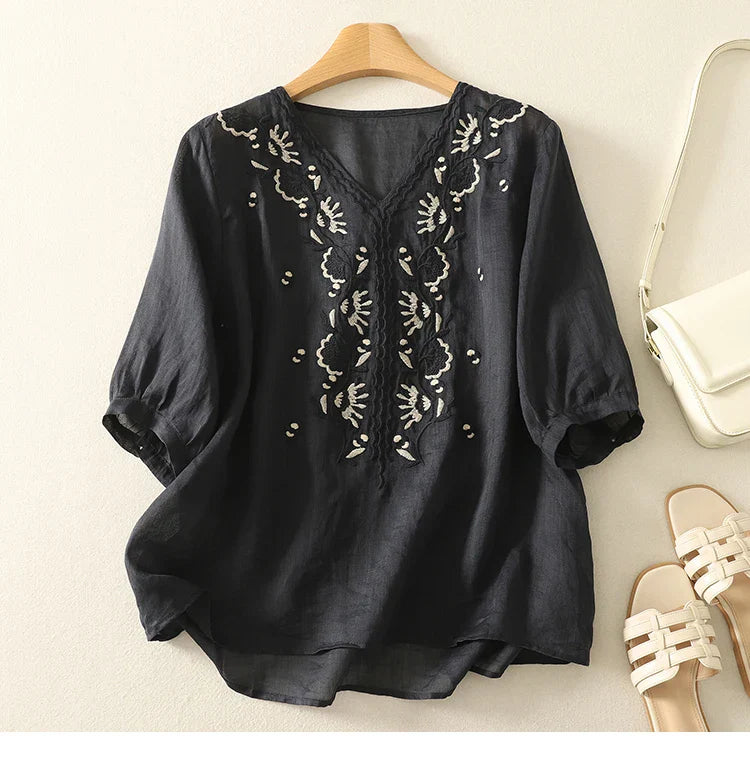 Women's V-Neck Embroidered Blouse