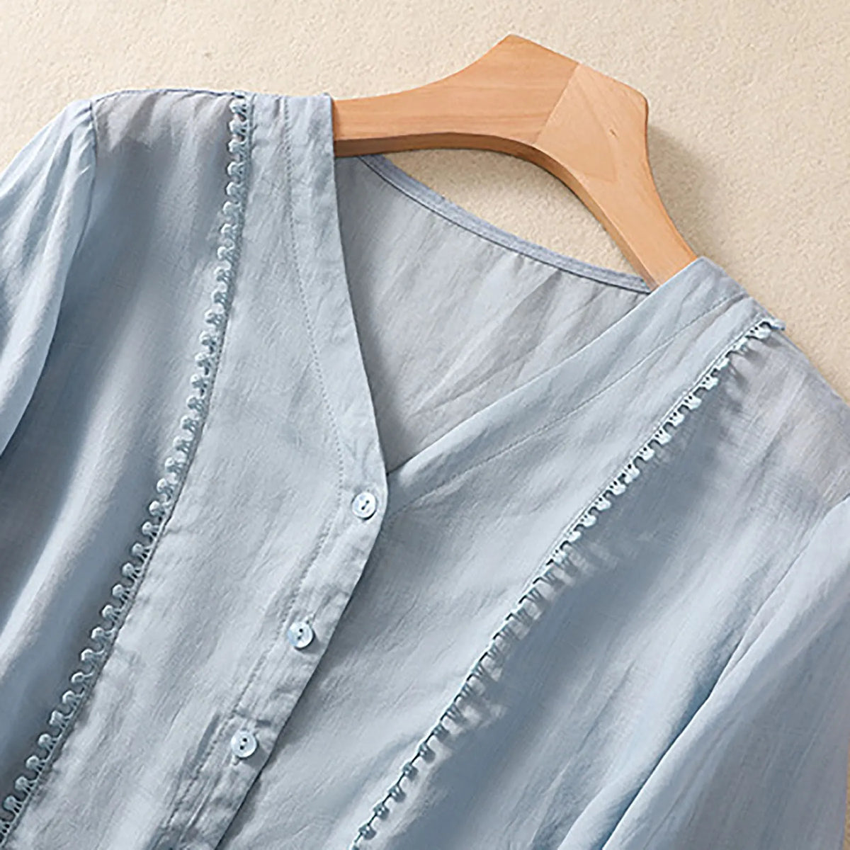 V-Neck Button-Up Lace Trim Blouse