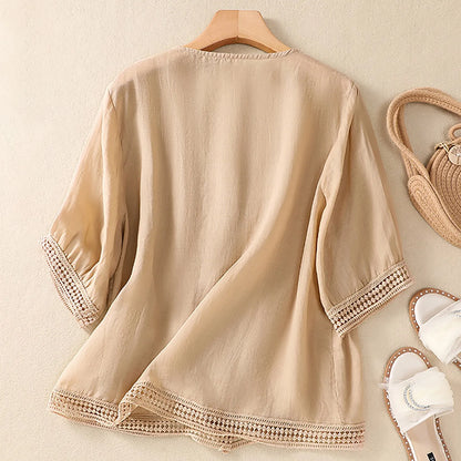 V-Neck Button-Up Lace Trim Blouse
