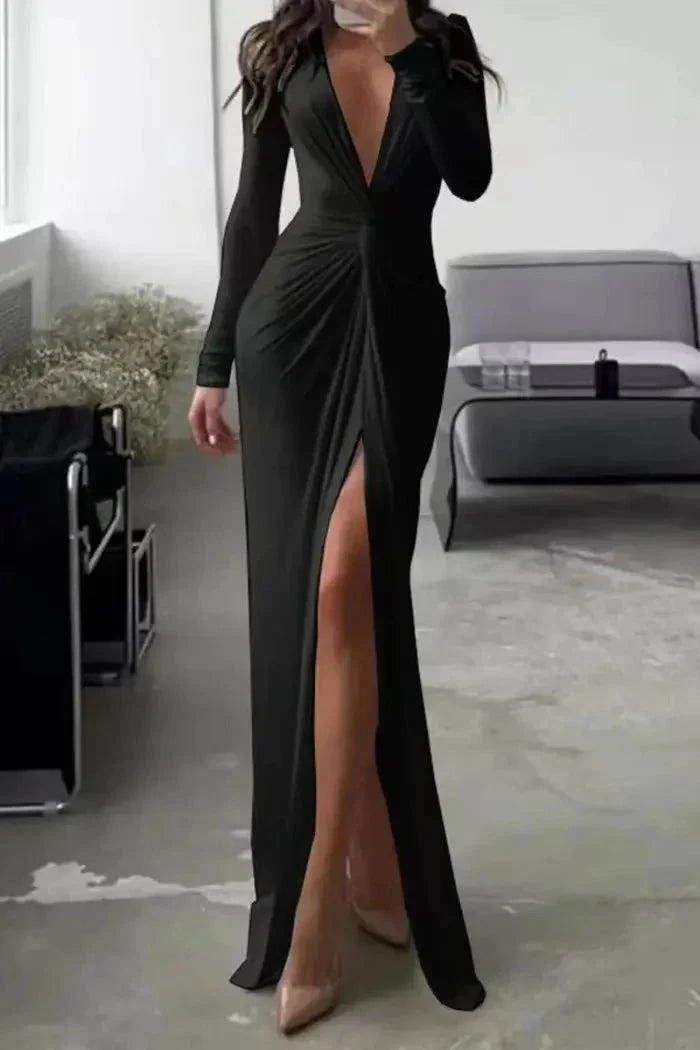 Women's Long Sleeve High Slit Evening Maxi Dress