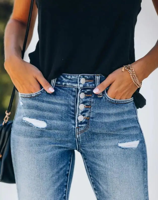 High Waist Skinny Jeans | Button Front Fit