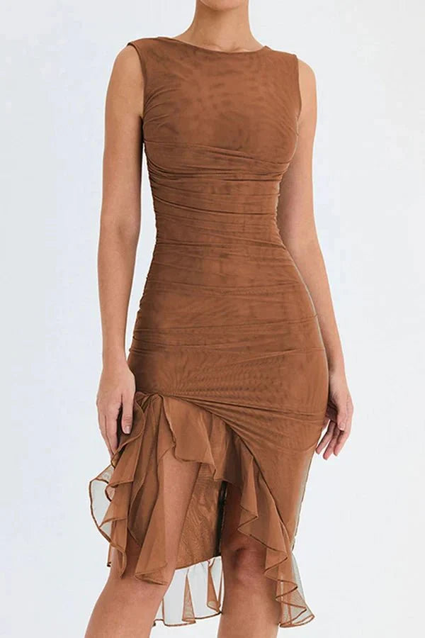 Midi Dress | Women's Ruched Asymmetric Hem