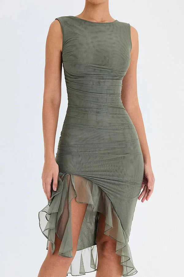 Midi Dress | Women's Ruched Asymmetric Hem