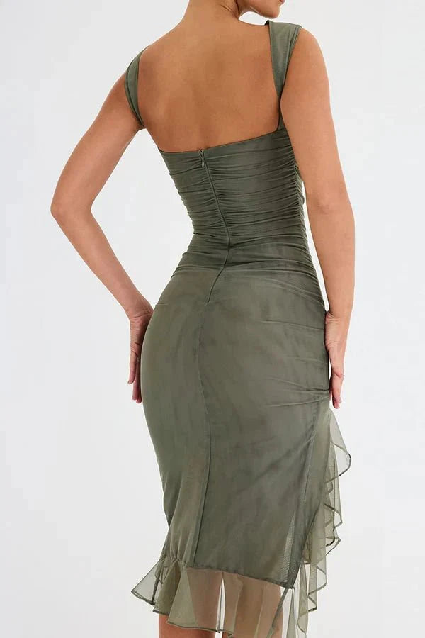 Midi Dress | Women's Ruched Asymmetric Hem