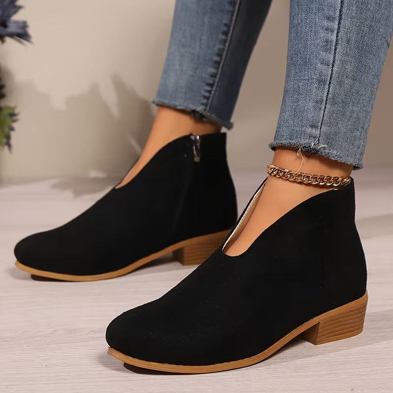 Ankle Boots | Low Block Heel with V Cut Design
