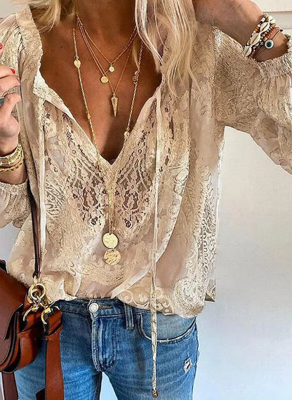Elegant Boho Blouse Women's Lace V Neck
