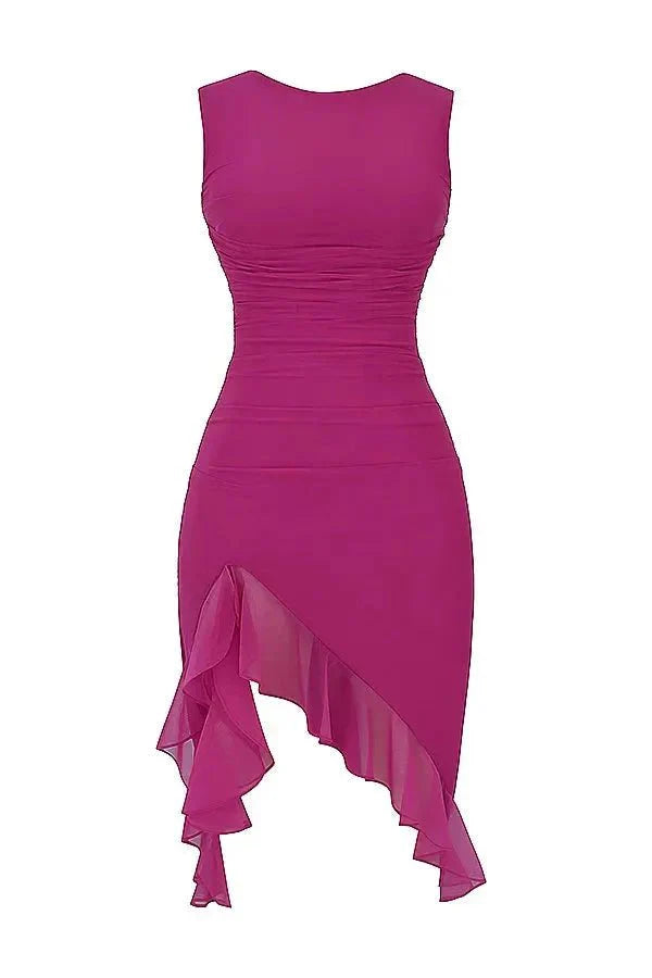 Midi Dress | Women's Ruched Asymmetric Hem