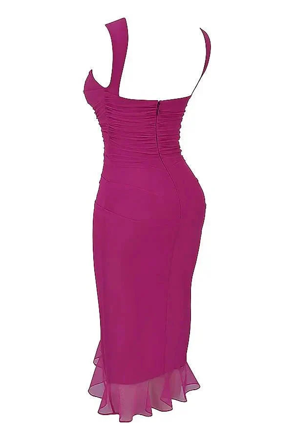 Midi Dress | Women's Ruched Asymmetric Hem