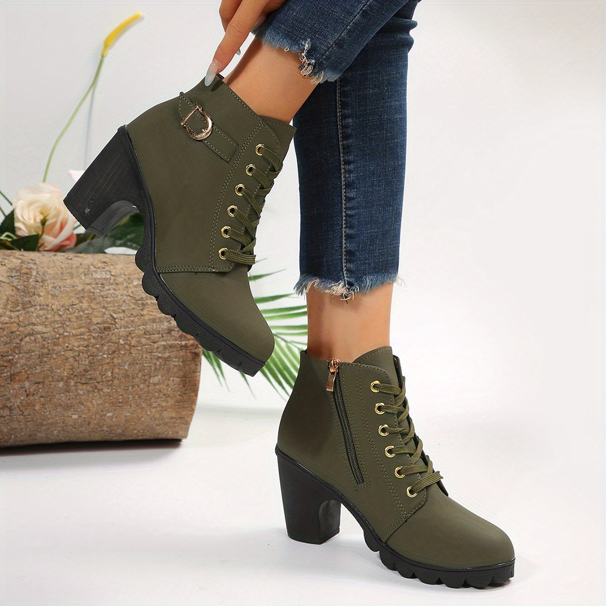 Ankle Boots - Block Heel Lace Up Design