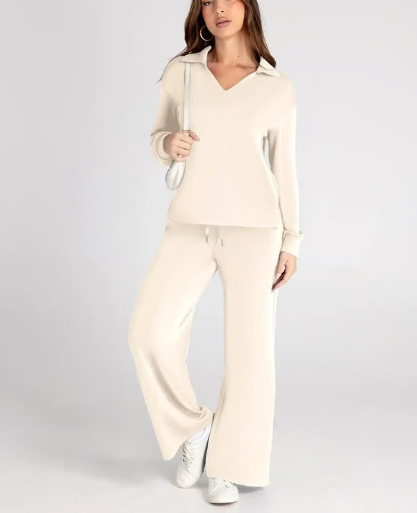 Loungewear Set | V Neck Top with Wide Leg Trousers