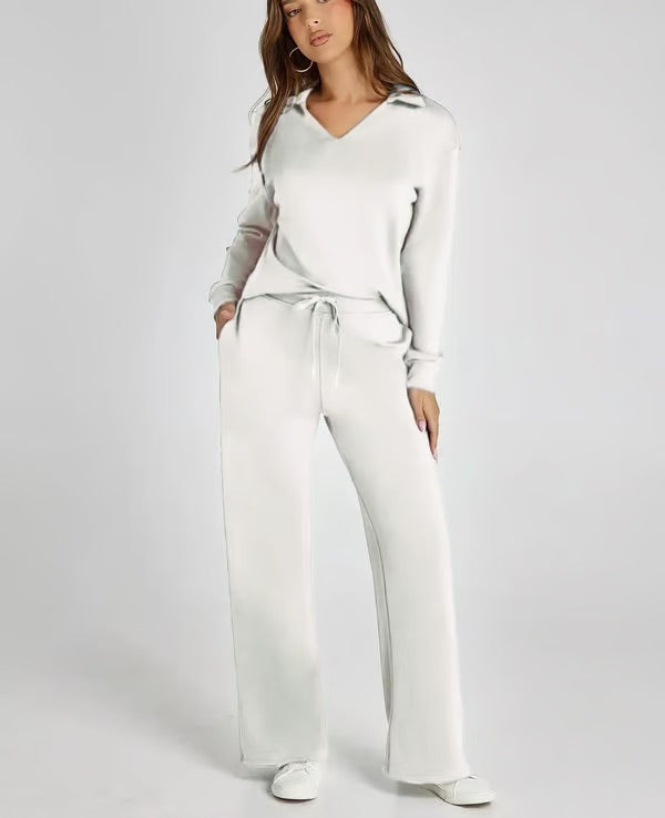 Loungewear Set | V Neck Top with Wide Leg Trousers
