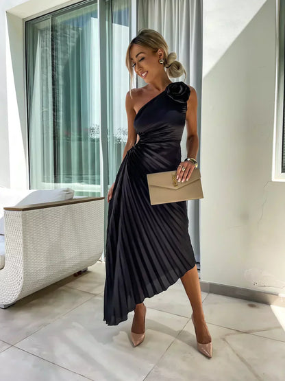 Women's Off Shoulder Pleated Midi Dress